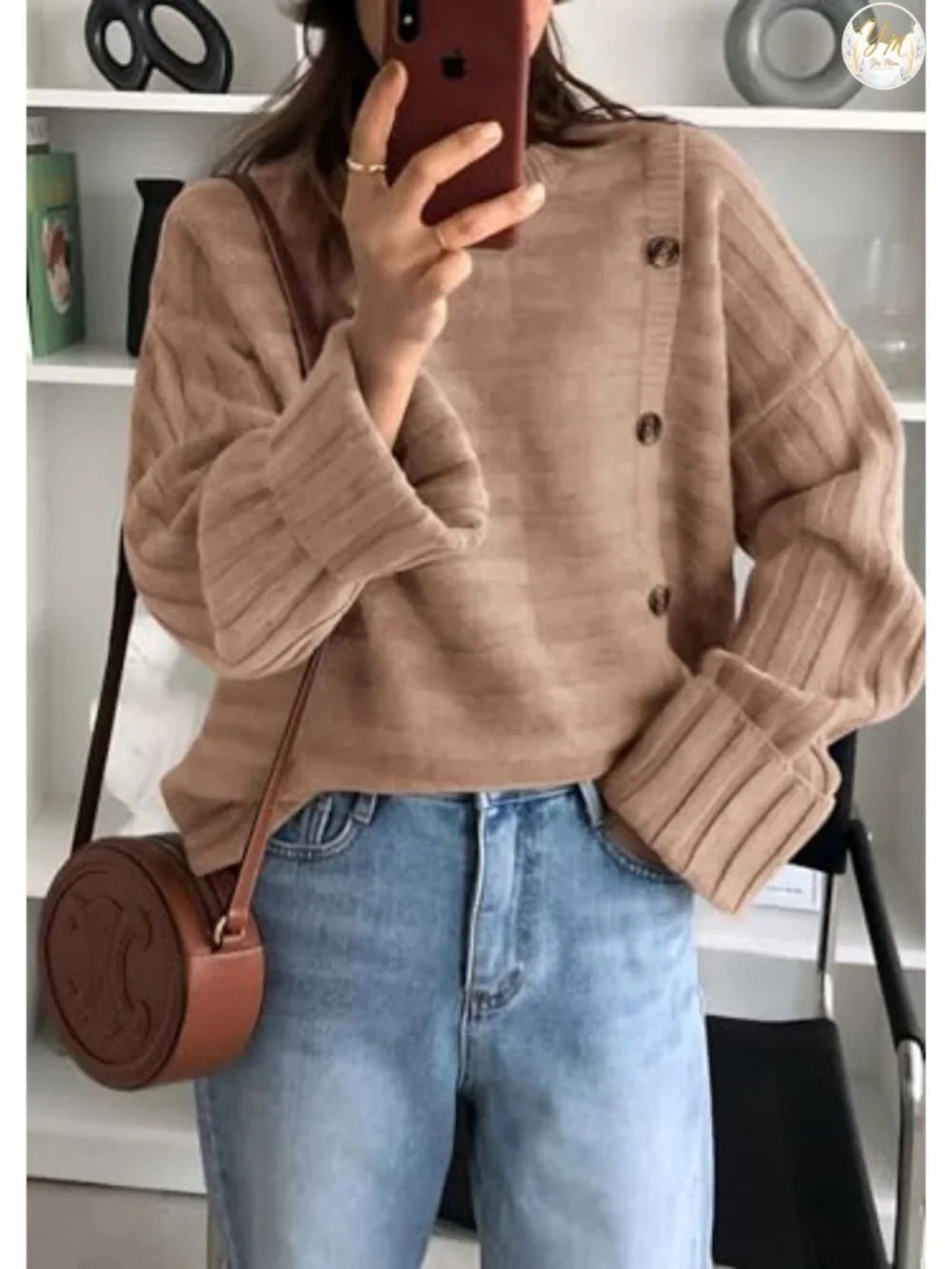 Womens Asymmetric Button Long Sleeve Knit Pullover Sweater